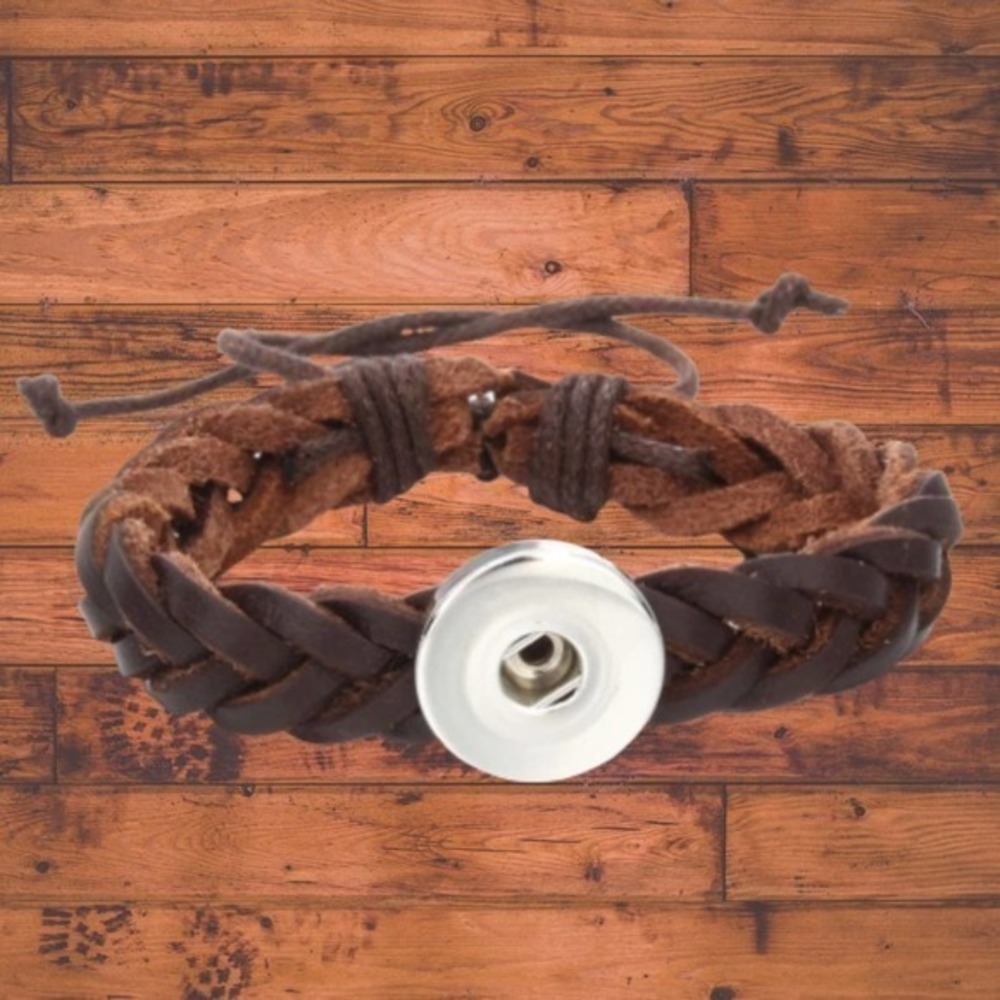 Brown braided leather Snap Button Bracelet